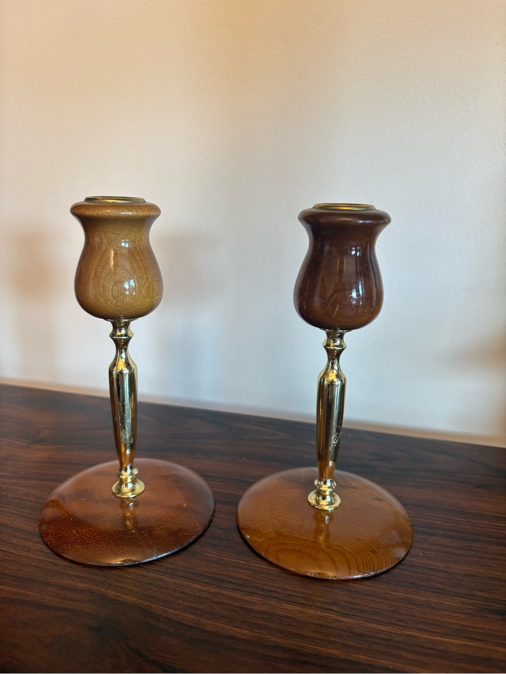 Vintage Oregon Myrtlewood Candlestick Holders Pair | Brass & Wood Candle Holders